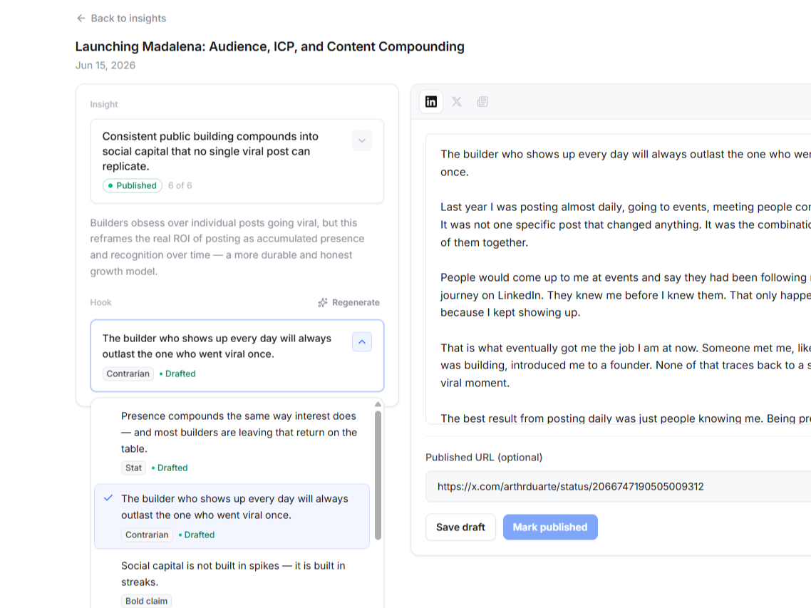 Madalena session workspace turning one spoken idea into a finished post in the user's own voice